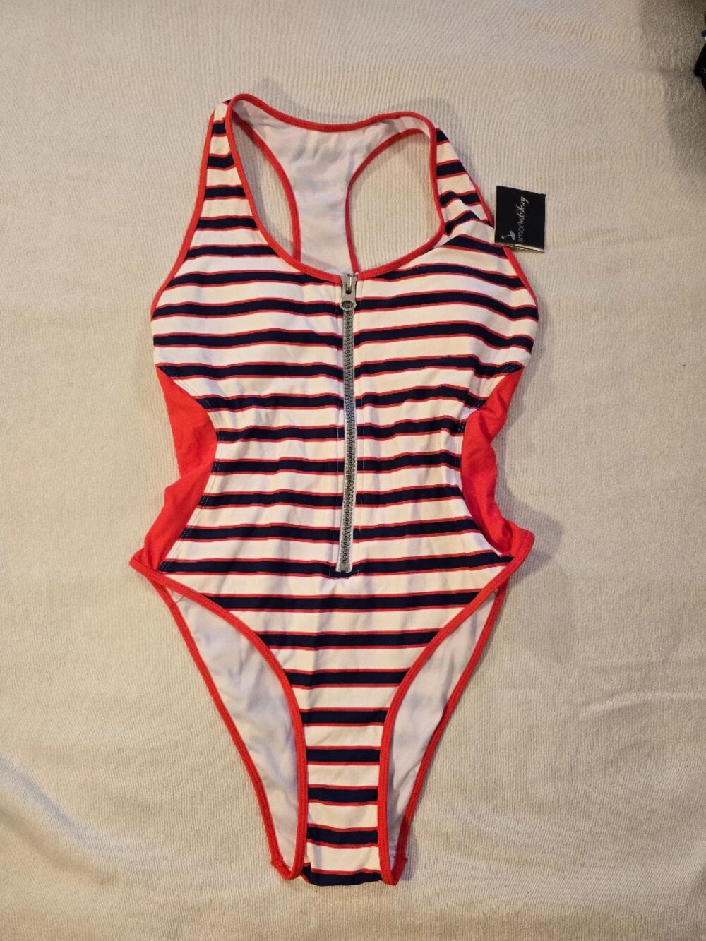 Smart And Sexy One Piece Swimsuit Striped Front Zip Athletic NWT Size Large